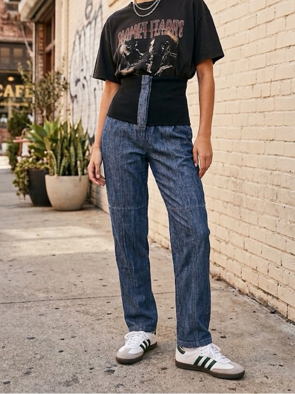 Tibi Dark Wash High Rise Banded Waist Jeans